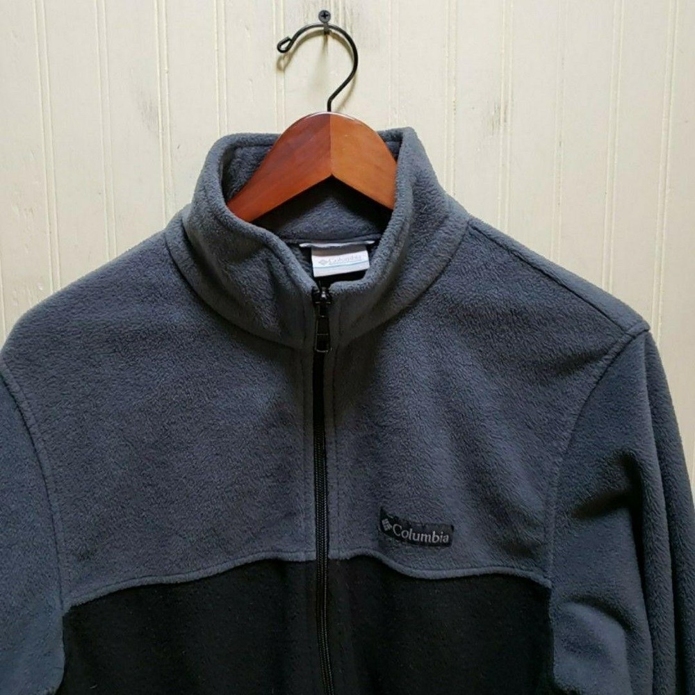 Columbia Fleece Jacket Mens Large Gray Black Full Zip Stand Collar Pockets